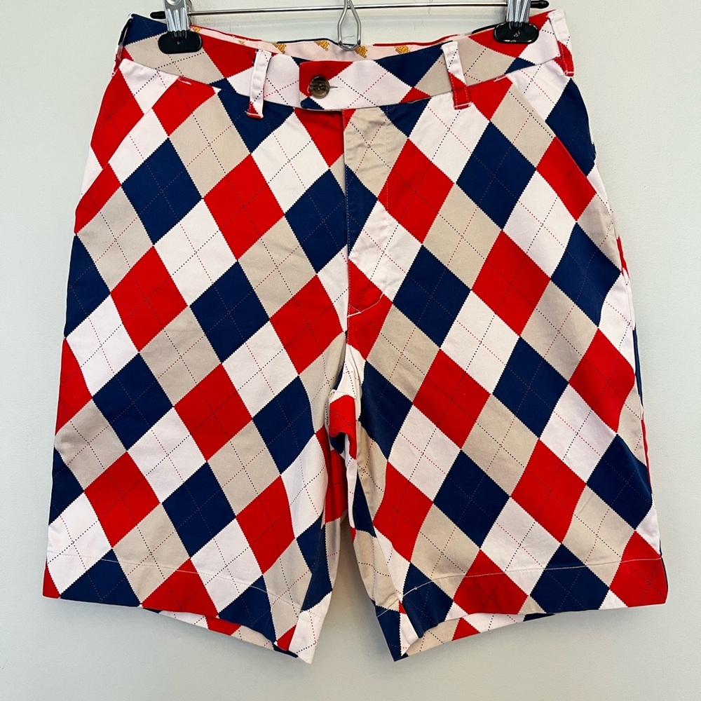Loudmouth Golf Red, White, Tan and Blue Argyle Golf Shorts, Size 30